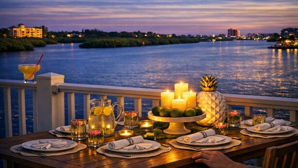 Ein Esstisch, gedeckt für ein Abendessen, mit Kerzen, einer Ananas und einem Getränk in einer Karaffe, mit Blick auf einen Fluss im Abenddämmerung.