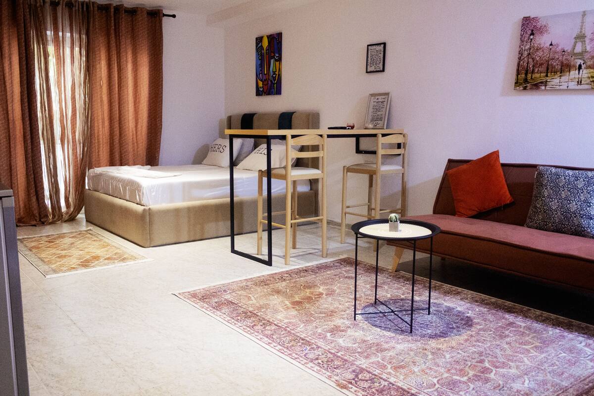 A bedroom with a bed, a desk, and a chair. There is a sofa and a small table with a cactus.