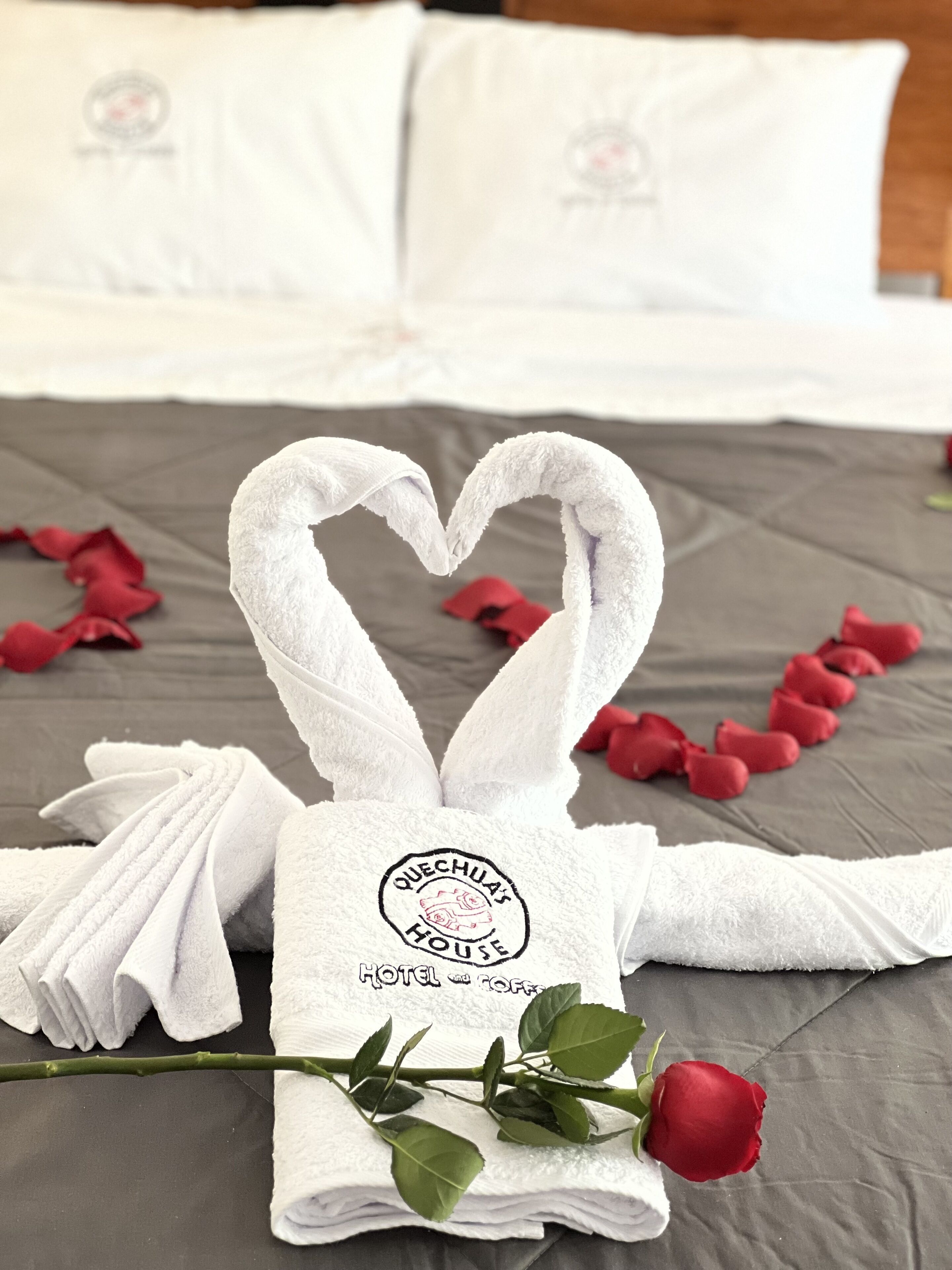 A neatly made bed with white towels arranged in a heart shape, a rose, and red rose petals on a grey bedspread.