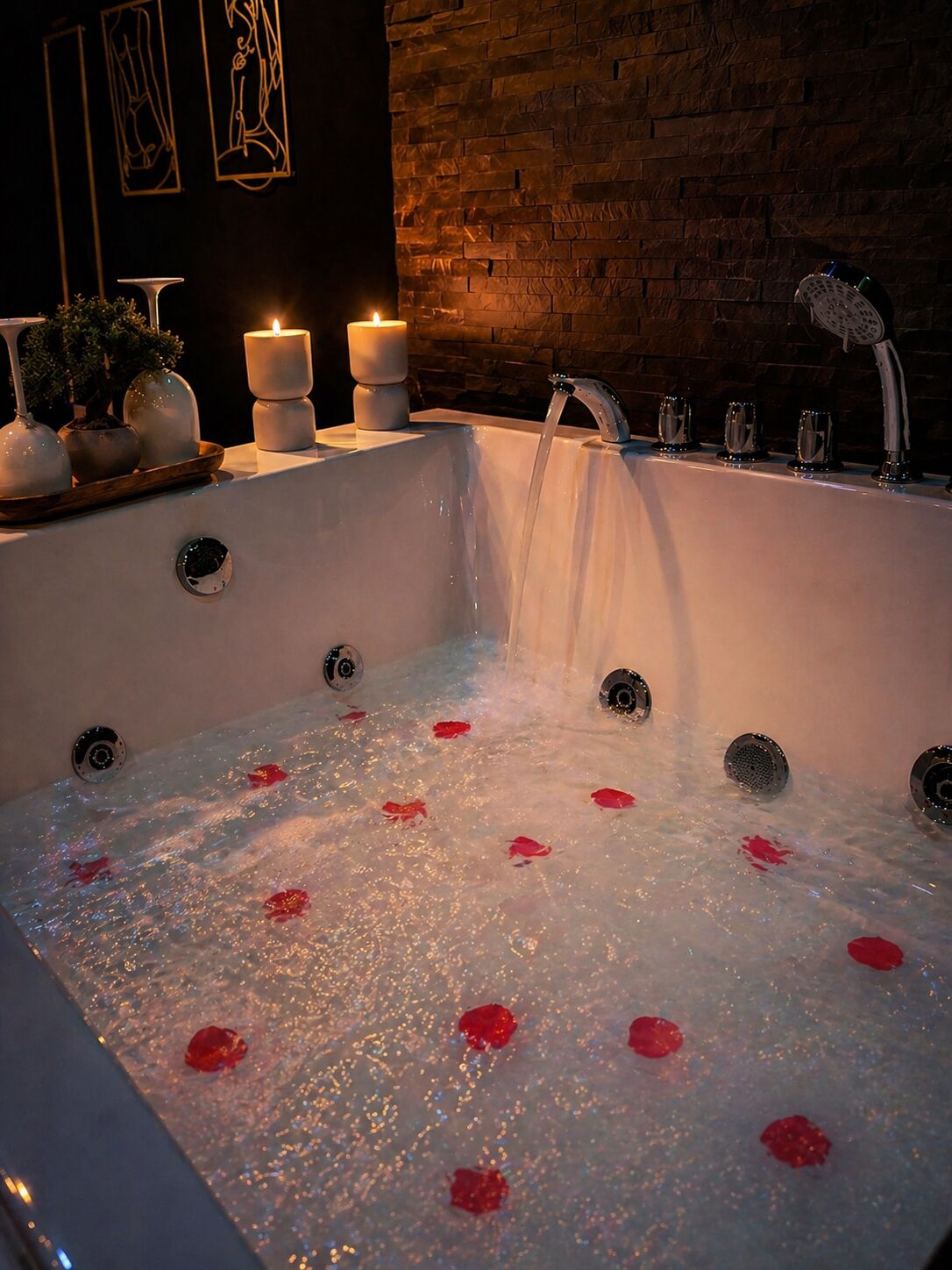 Douche, baignoire à jets, serviettes fournies, papier toilette