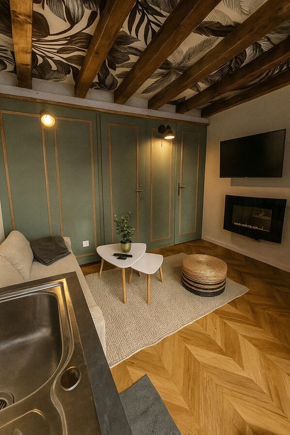 Smart TV, fireplace, video library