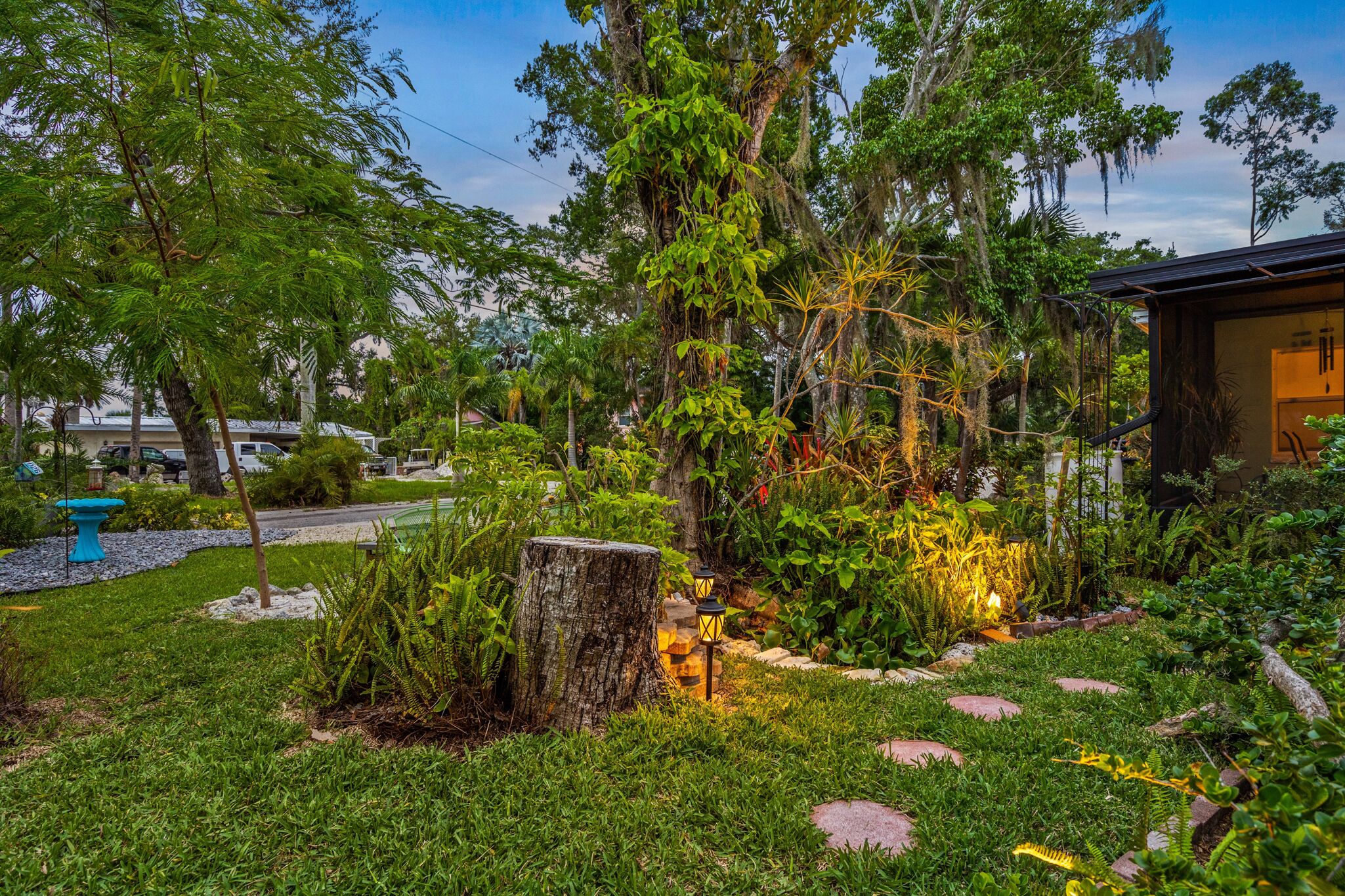 A lush garden with a variety of plants and trees, a wooden bench, and a small structure with a window.