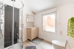 Shower, hair dryer, towels, toilet paper