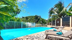 Une piscine avec des chaises longues et une terrasse en pierre.