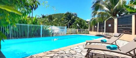 Une piscine avec des chaises longues et une terrasse en pierre.