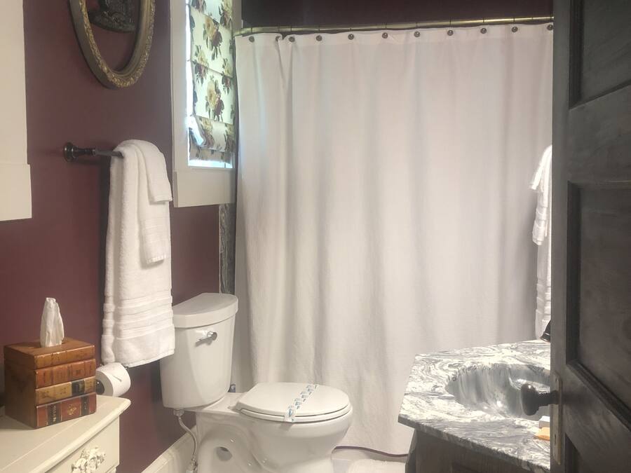 A bathroom with a toilet, a sink, a mirror, a towel rack, and a window with floral curtains.