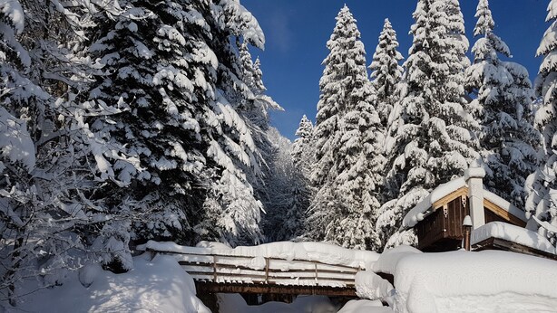 A snow-covered wooden bridge over a stream, surrounded by snow-laden trees and a wooden cabin. - Neu Renovierte Ferienwohnung in Zentraler Ruhiger Lage (Lenggries)