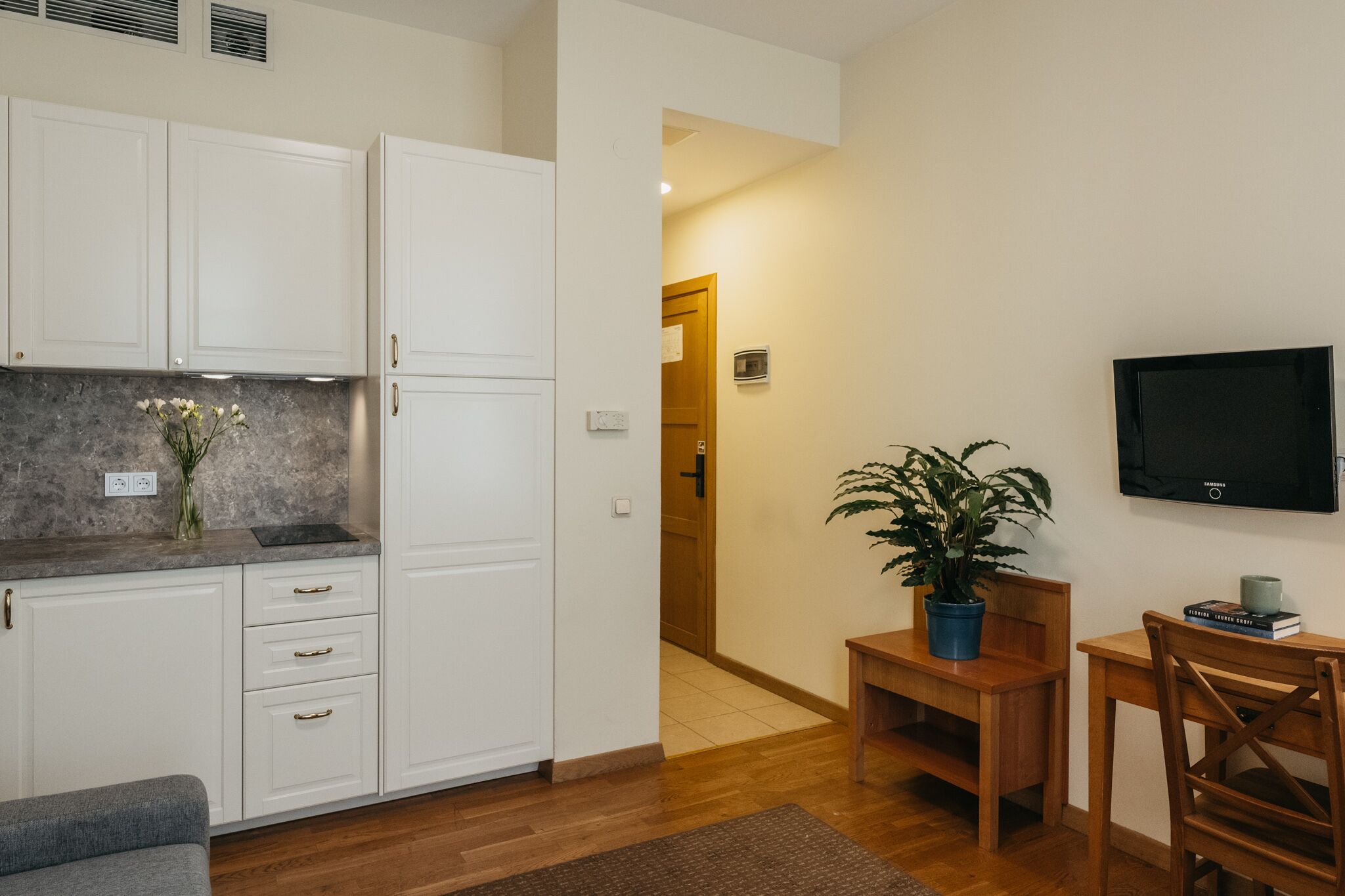 Un espacio habitable compacto con kitchenette, una zona de comedor con mesa y sillas, una planta en maceta y un televisor montado.