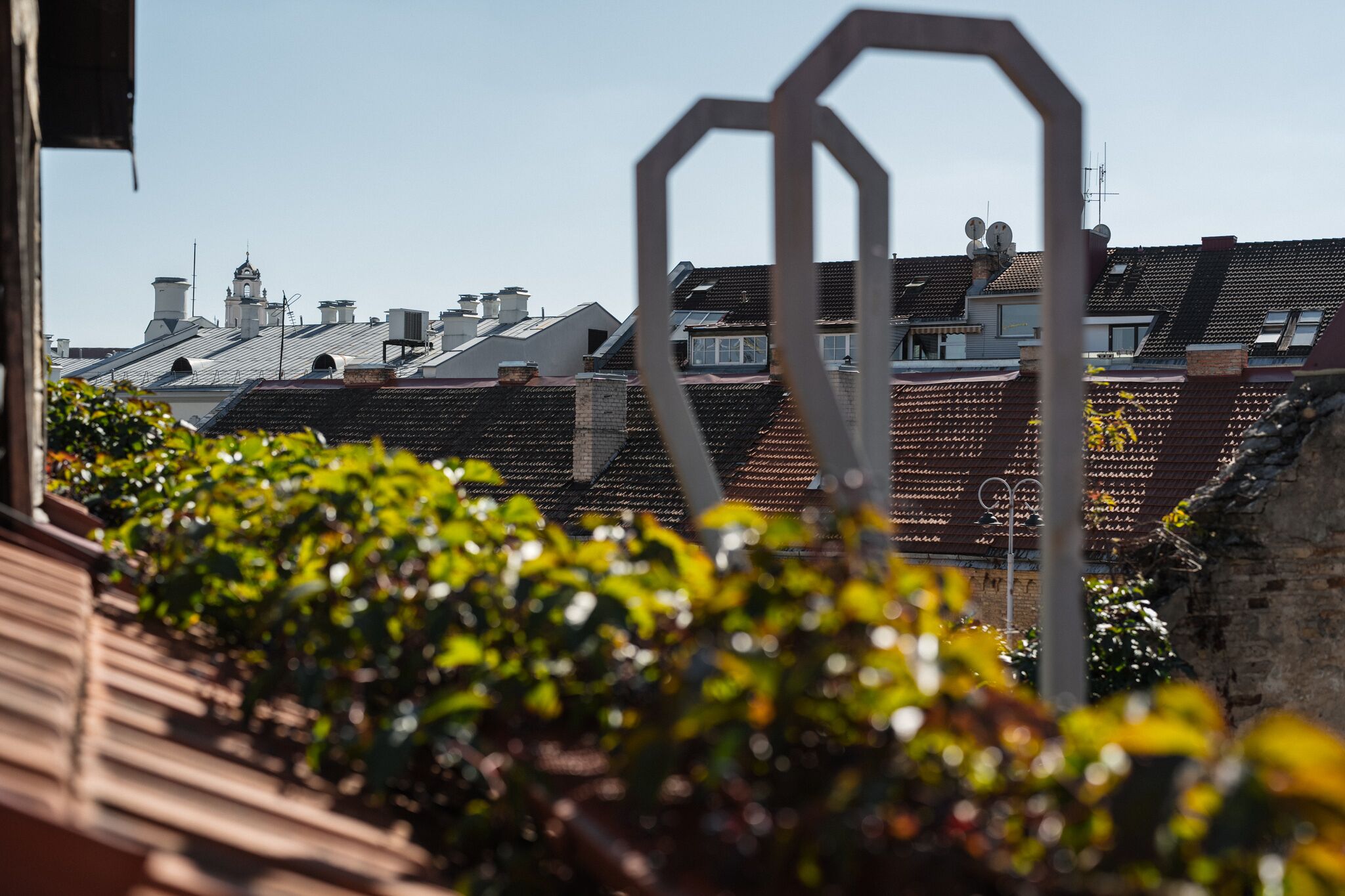 A view of rooftops with a clear sky, some buildings with chimneys, and a metal structure in the foreground.
