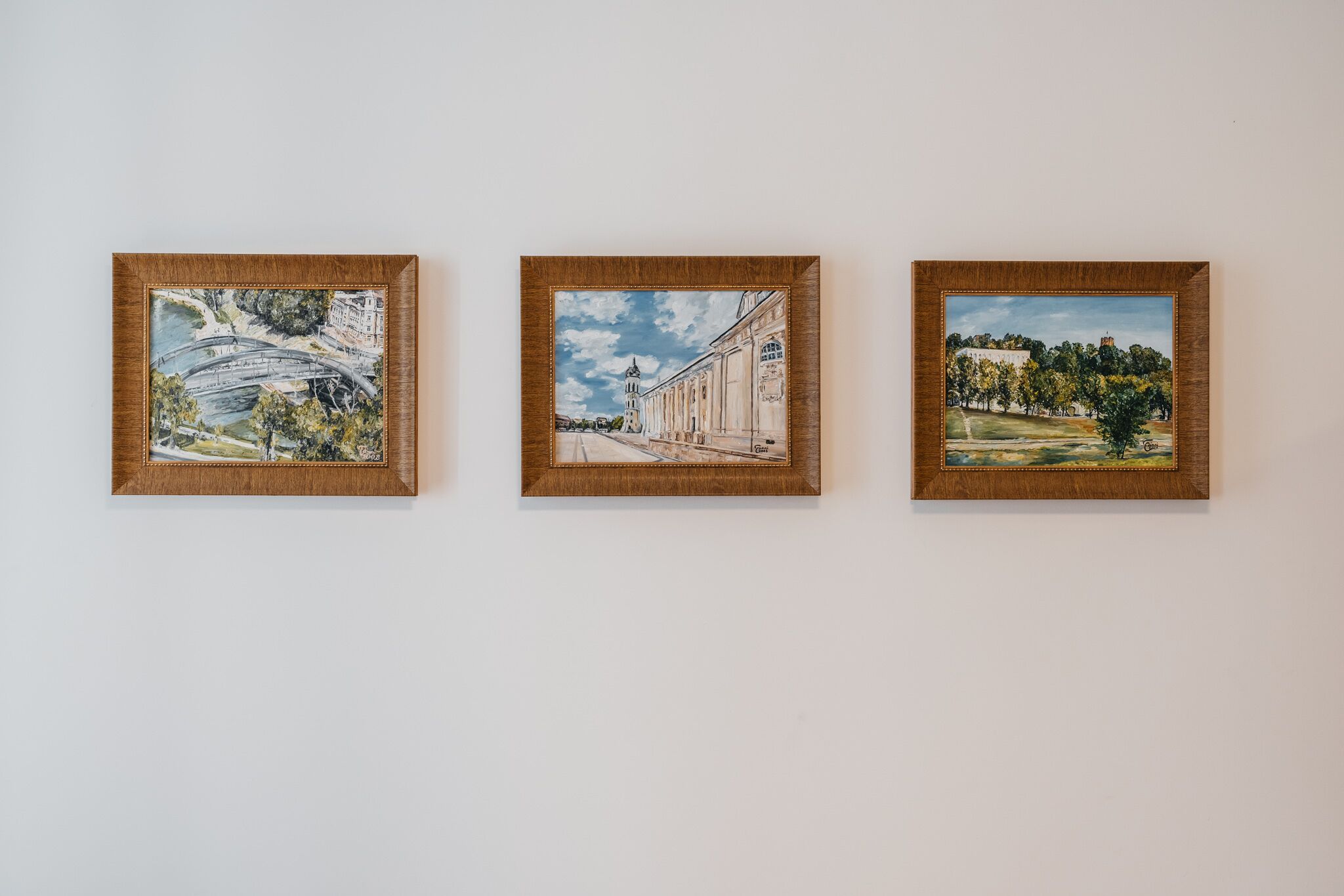 Drie schilderijen in lijsten aan een muur.