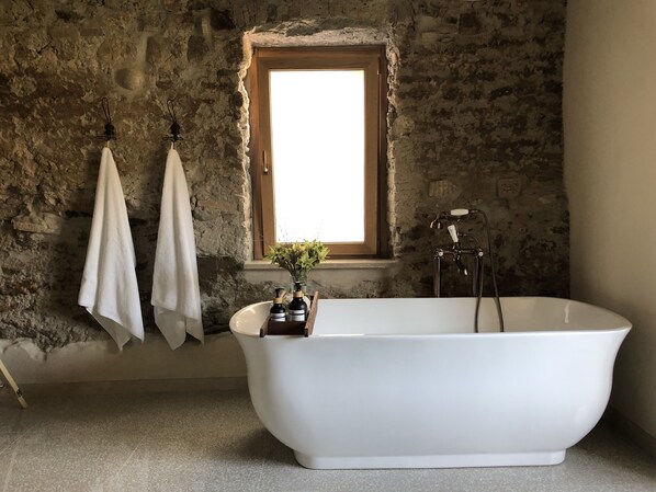 Hair dryer, towels, soap, shampoo