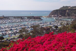 A marina with numerous boats docked, a coastal town in the background, and a hill with a building on top. - • Book HARBOR VIEW • Luxury 3BR • Panoramic Ocean & Harbor Views (Dana Point)