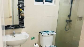 Sèche-cheveux, serviettes fournies, savon, papier toilette