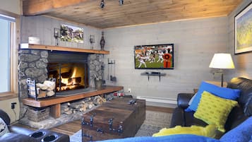 Smart-tv, een open haard, een dvd-speler en boeken