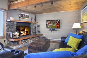Smart TV, fireplace, DVD player, books