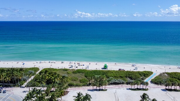 Uma praia com vista clara do oceano, palmeiras e uma torre de salva-vidas.