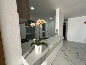 Appartement Confort | Coin cuisine privé | Grand réfrigérateur, lave-vaisselle