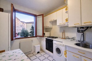 Fridge, microwave, oven, coffee/tea maker