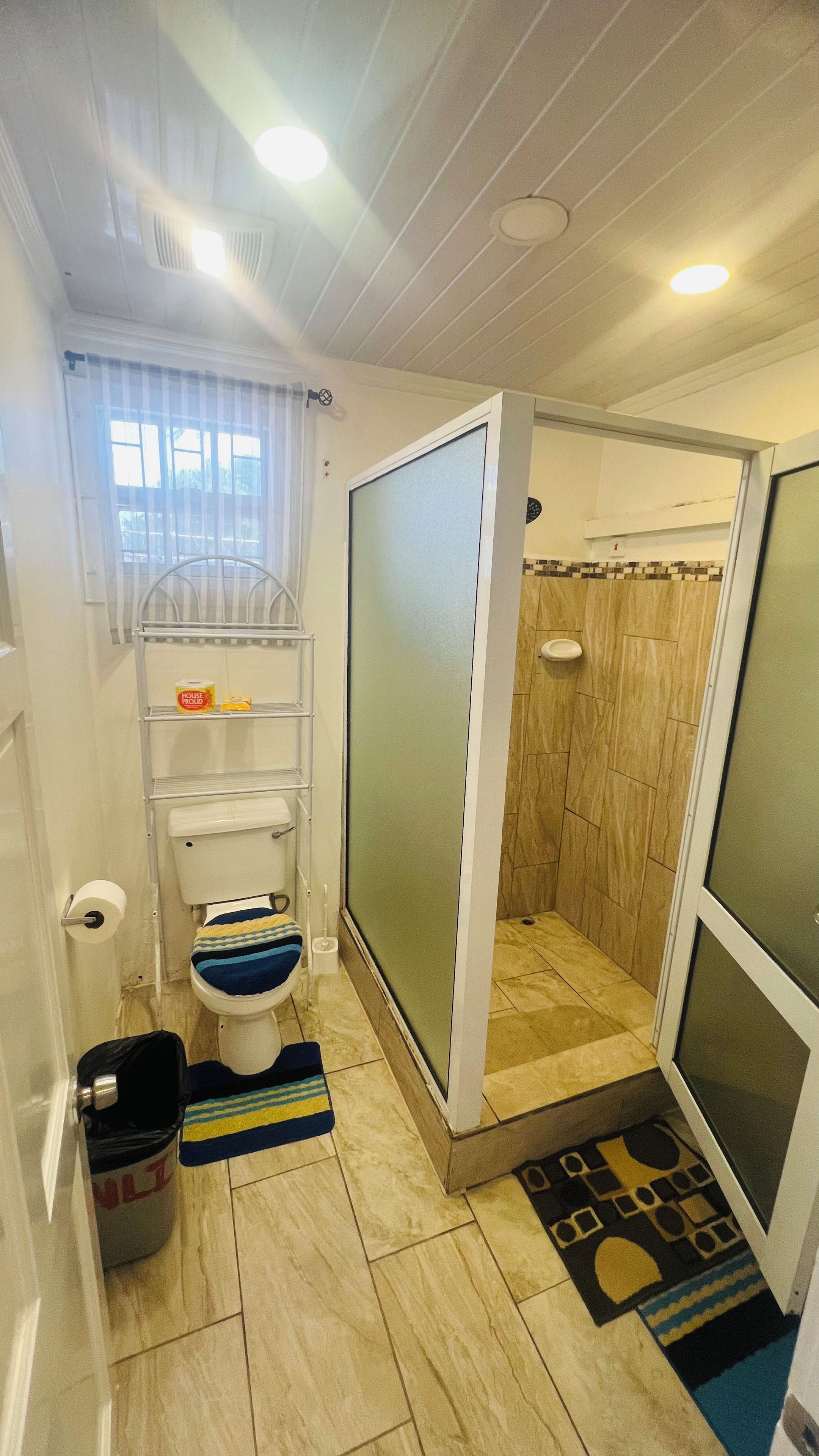 A compact bathroom with a toilet, shower, and storage shelves.