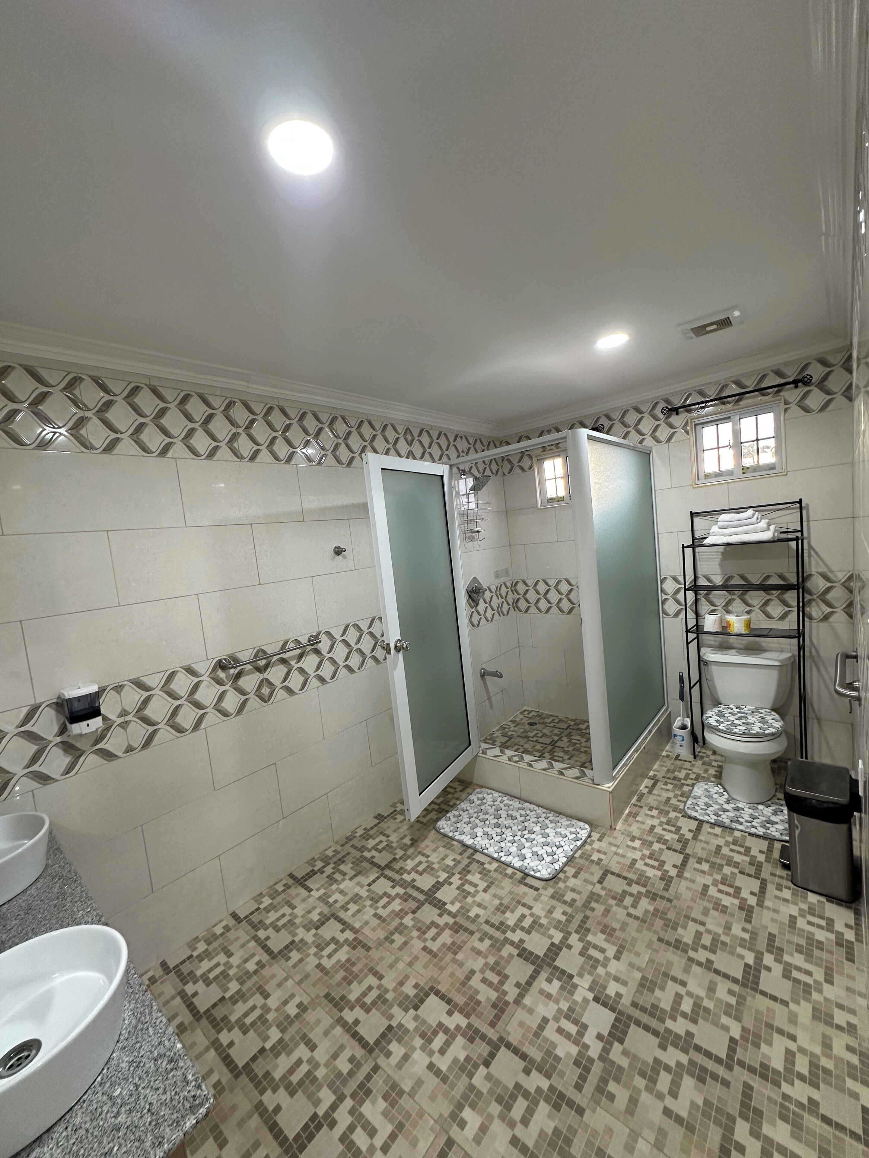A bathroom with a shower, toilet, sink, and patterned tiles.