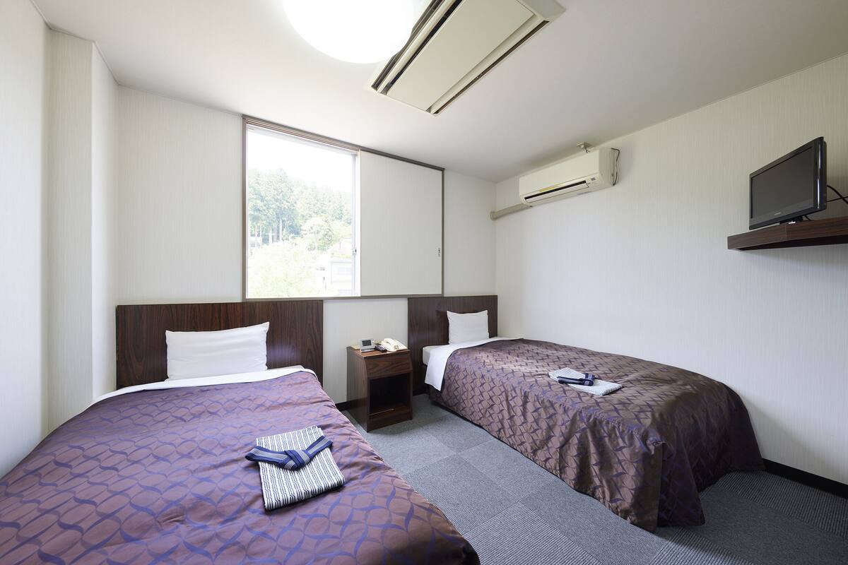 Ein Hotelzimmer mit zwei Betten, einem Fernseher auf einem Tisch, einer Klimaanlage und einem Fenster mit Blick auf Bäume.