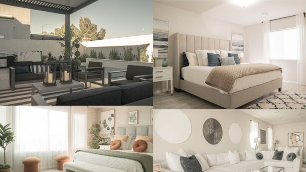 A modern living room with a sofa, coffee table, and decorative items. - Upscale Home - Heated Modern Pool, Outdoor BBQ, Large Kitchen, Up to 8 Guests! (Las Vegas)