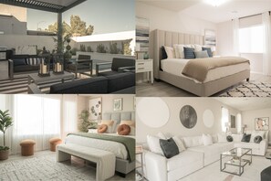 A modern living room with a sofa, coffee table, and decorative items. - Upscale Home - Heated Modern Pool, Outdoor BBQ, Large Kitchen, Up to 8 Guests! (Las Vegas)