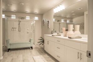 Shower, hair dryer, towels, soap