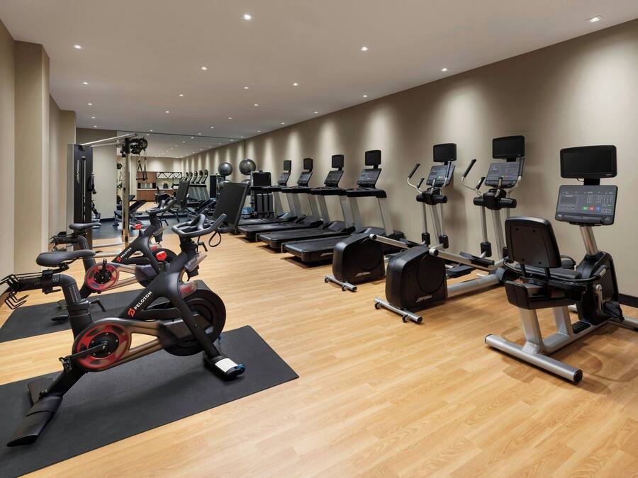 A gym with various cardio machines, including treadmills and stationary bikes, arranged in rows.