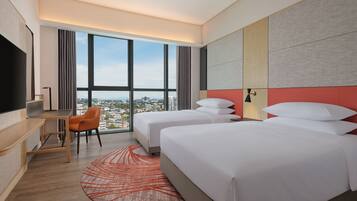 In-room safe, desk, laptop workspace, blackout curtains