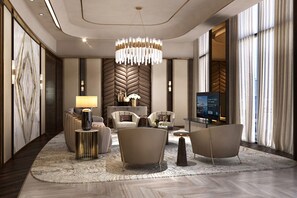 Presidentiële suite, 1 kingsize bed | Woonruimte | Een 55-inch ledtelevisie met satellietzenders