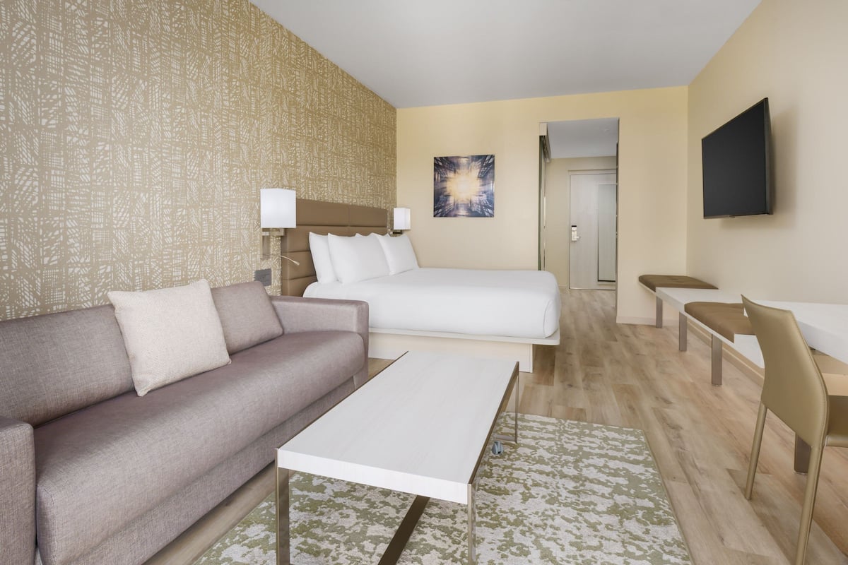 Une chambre d’hôtel avec un lit, un canapé, un bureau et une télévision.