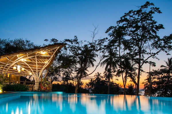 Outdoor pool, pool umbrellas, pool loungers