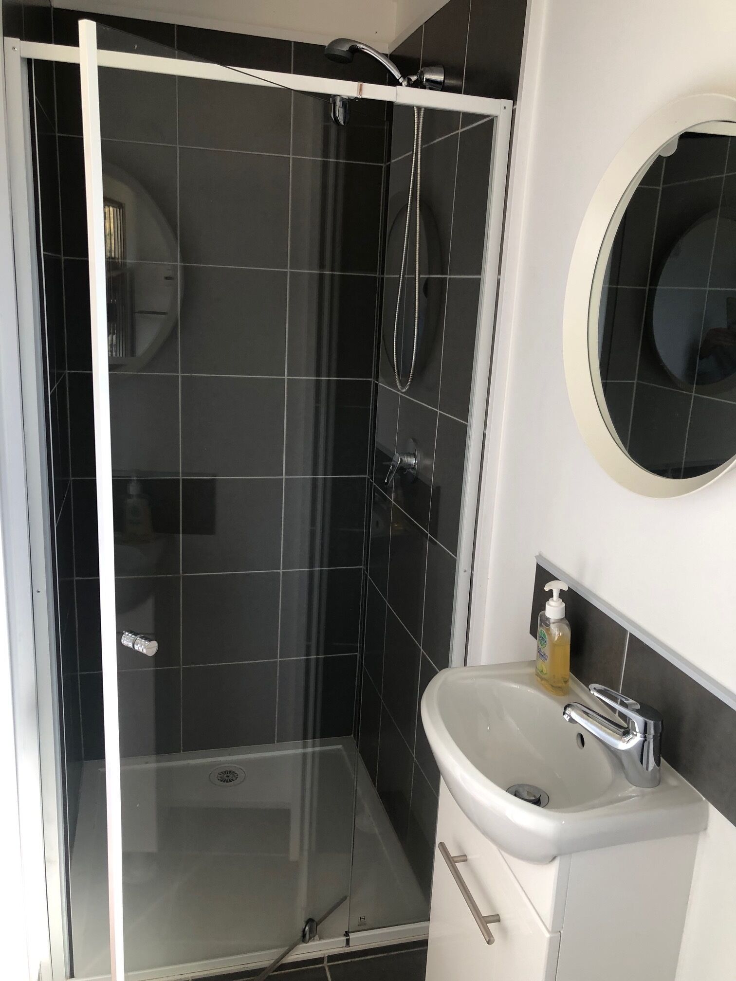 Shower, towels, soap, toilet paper