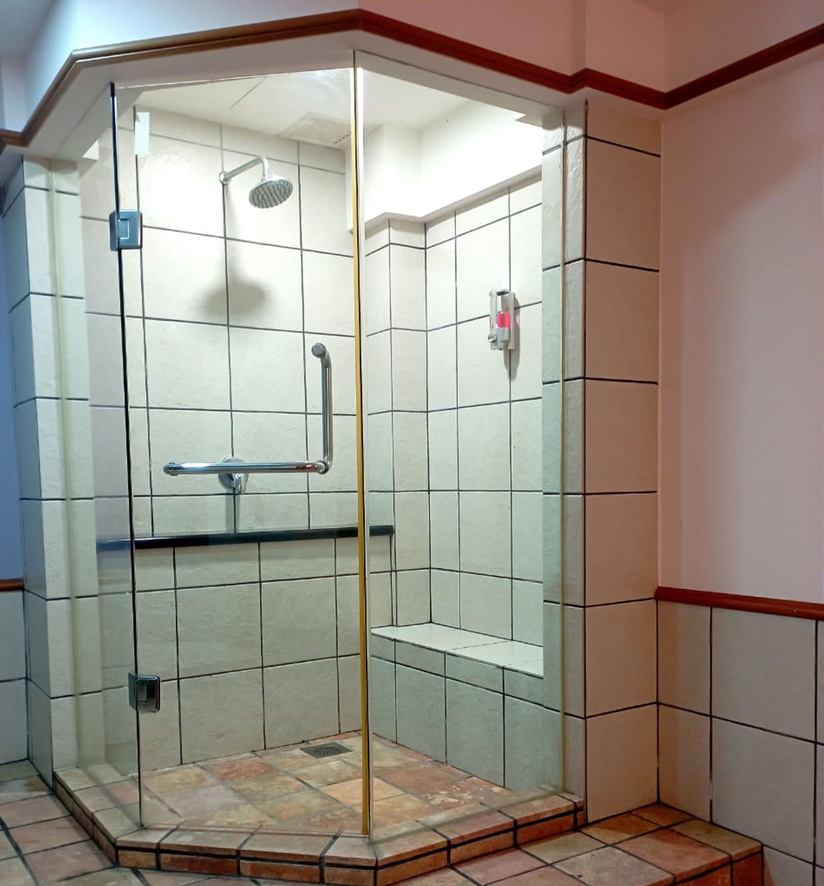 Divisória de chuveiro com paredes de vidro, chuveiro manual e controle manual, além de porta de vidro.
