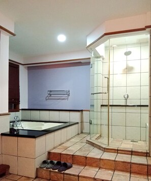 Appartamento Premium, vista mare | Bagno | Vasca e doccia separate, asciugacapelli, pantofole, asciugamani