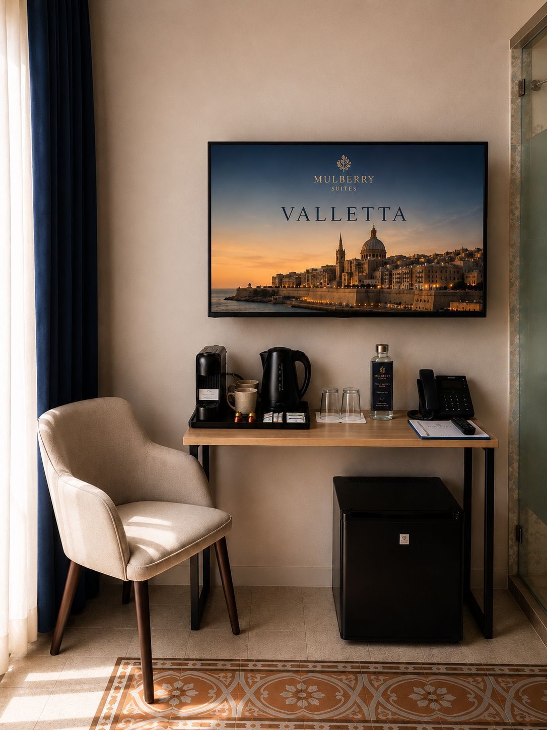 A hotel room with a framed cityscape poster, a desk with a coffee maker, a chair, a telephone, and a minibar.