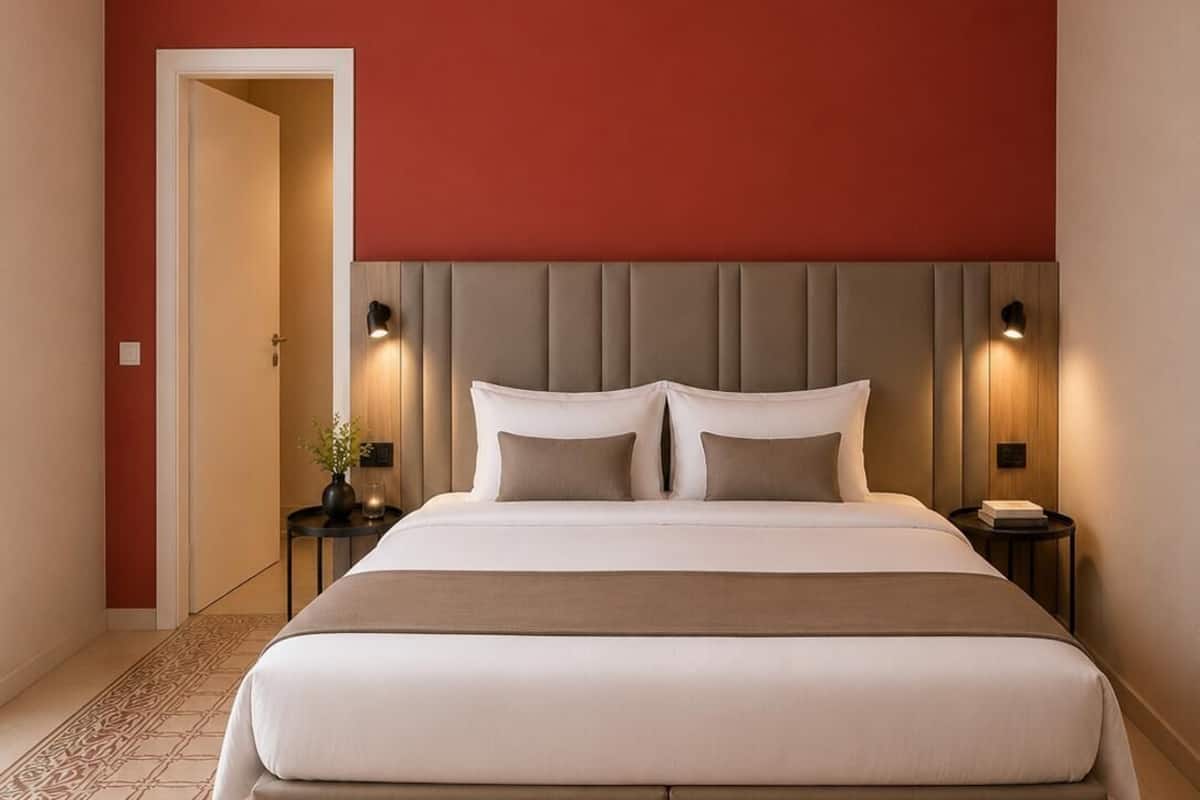 Quarto de hotel com uma cama grande, uma parede em destaque vermelha e duas luminárias de cabeceira.