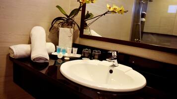 Shower, rainfall showerhead, free toiletries, hair dryer