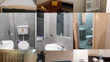 Secador de cabelo, toalhas de banho, sabonete, shampoo