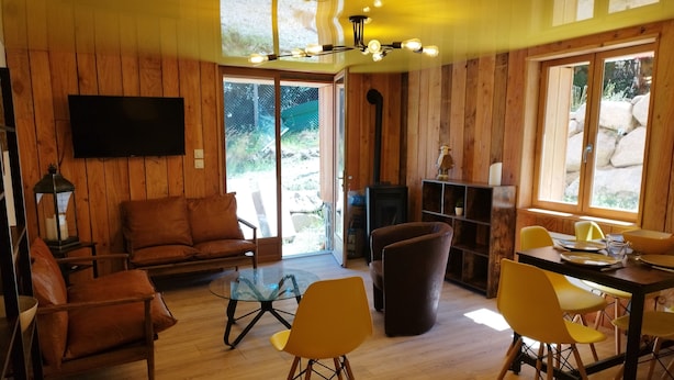 A cozy room with wooden walls, a fireplace, a sofa, a dining table with chairs, and a television mounted on the wall.