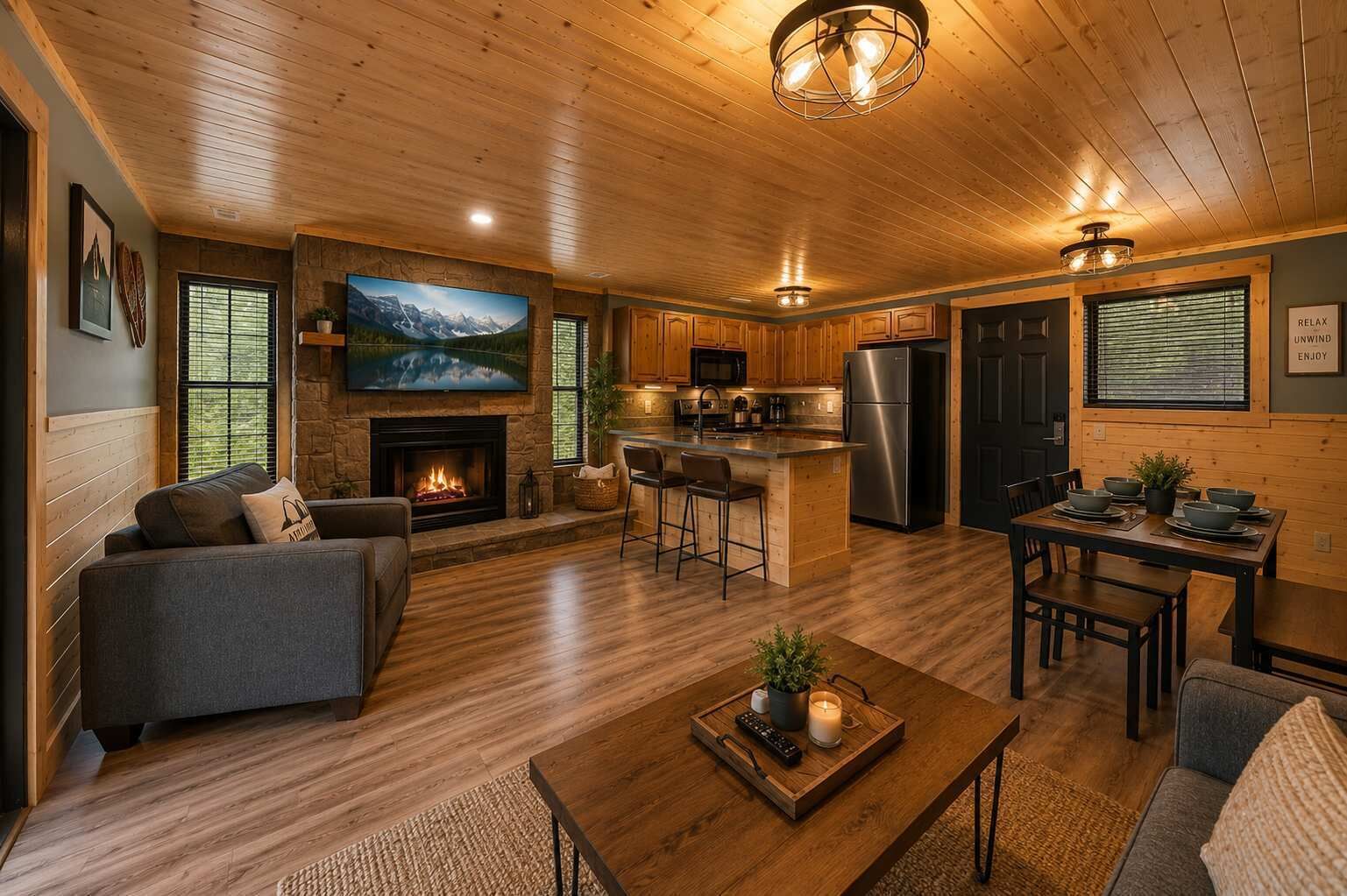 TV, fireplace, offices