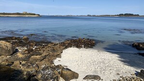 Eine Küstenlandschaft mit felsigen Ufern, klarem, blauem Wasser und Gebäuden in der Ferne.