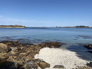 On the beach, sun loungers