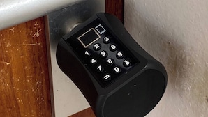 A door with a numeric keypad lock.