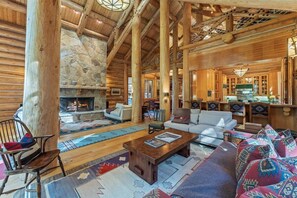 TV, fireplace, books
