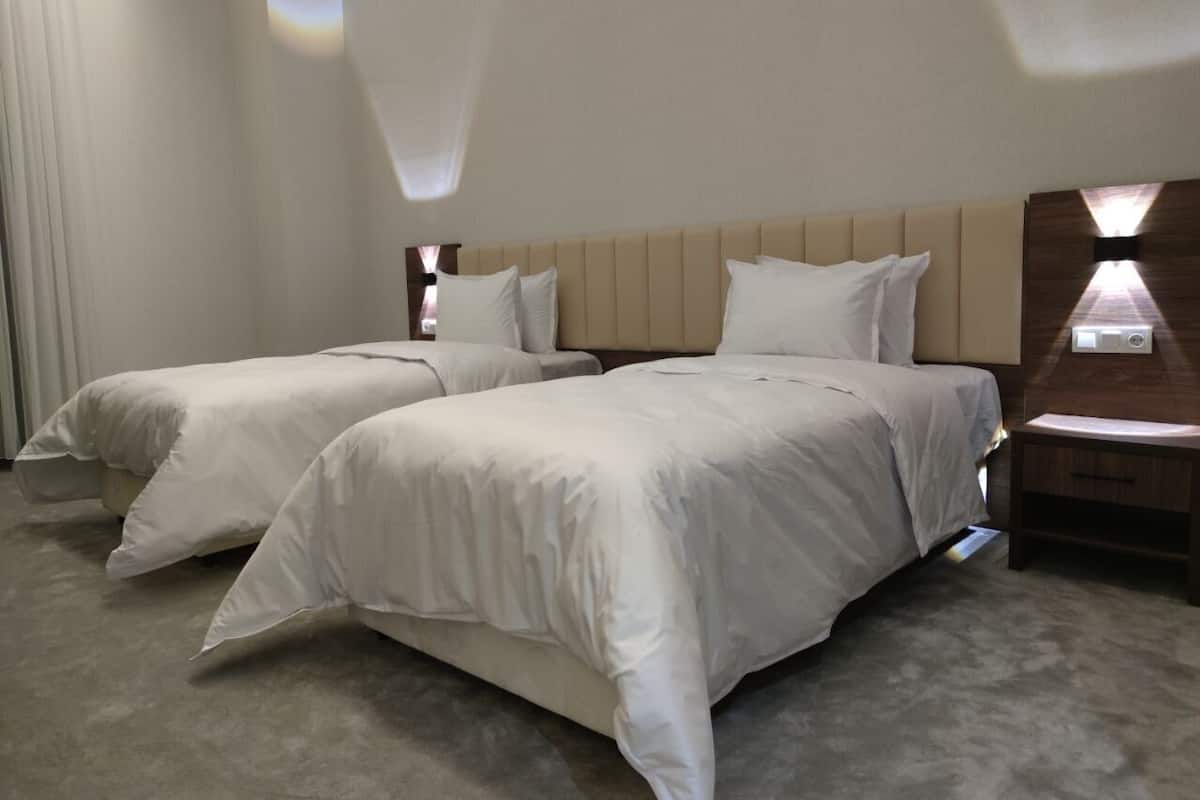 Habitación de hotel con dos camas, cabecero de madera, mesita de noche y lámpara fijada a la pared.