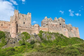 Un château historique doté de nombreuses tours et de créneaux, situé sur une colline couverte d’une végétation luxuriante.
