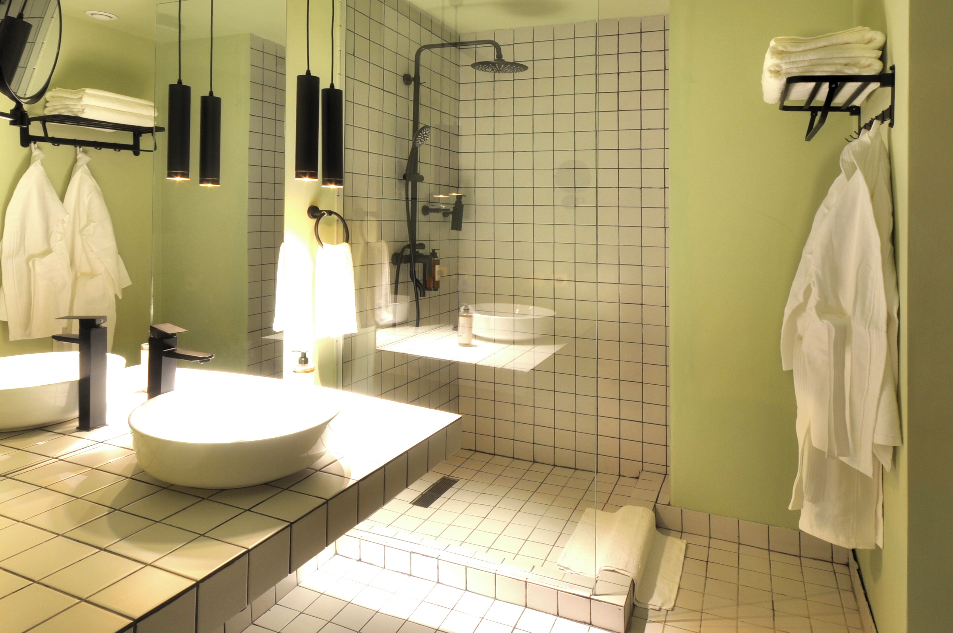 A bathroom with two sinks, a shower, and a mirror.