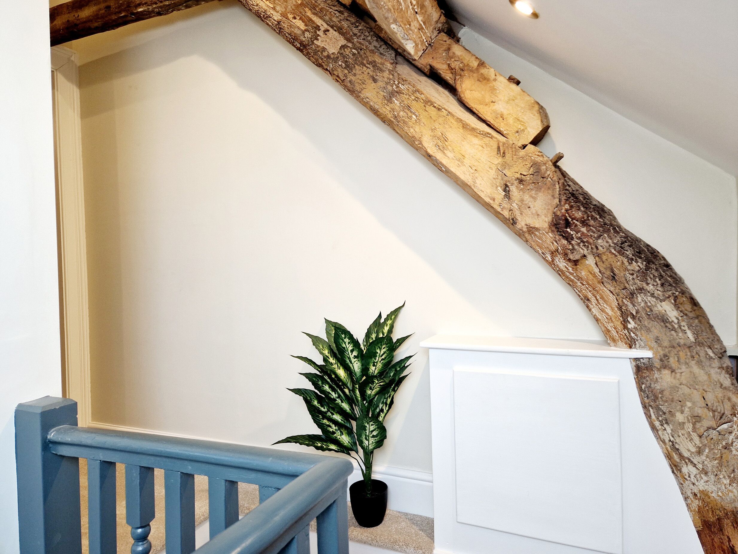 A staircase with a wooden beam, a potted plant, and a white wall.